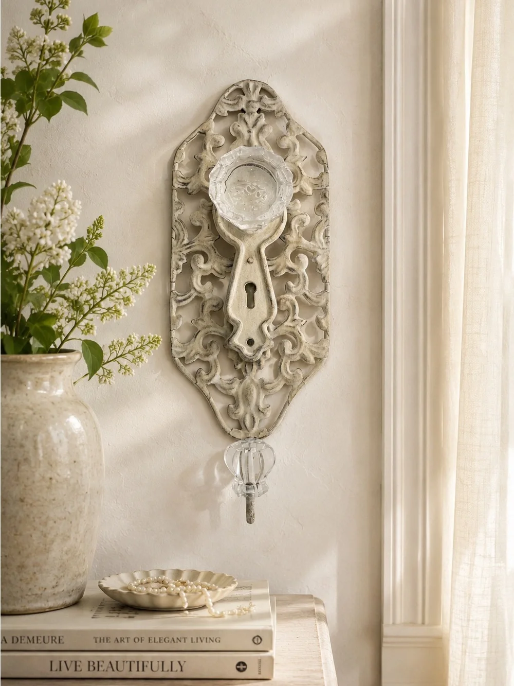 Vintage Cream Chic Wall Sconce Crystal Knob Hook French Country Cottagecore Keys